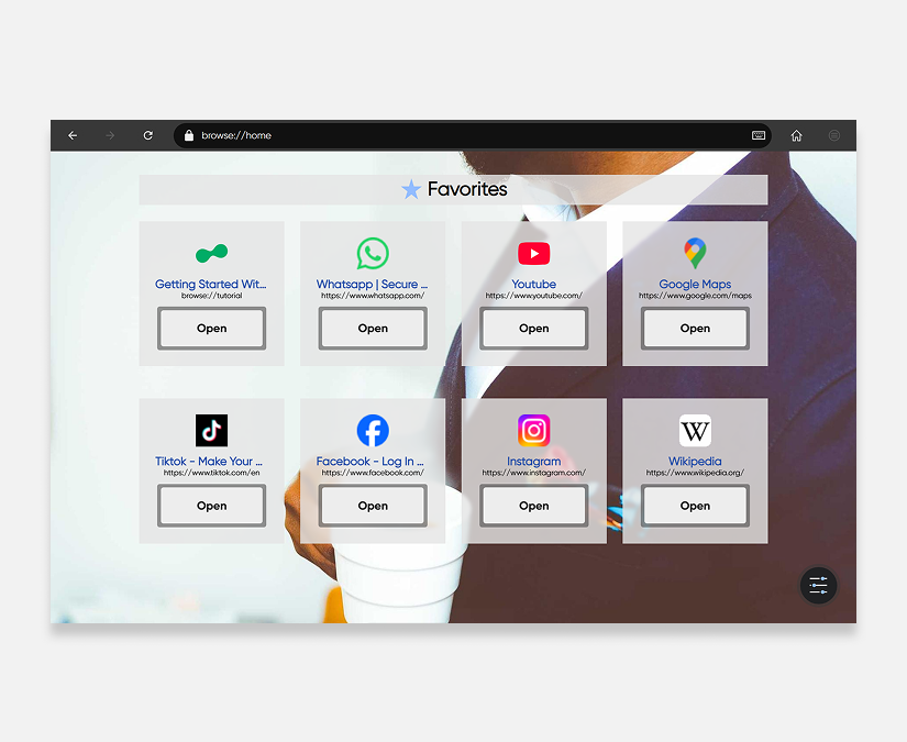 Application TD Browse affichée sur un appareil TD I-Series, montrant l’interface de navigation web par le regard.