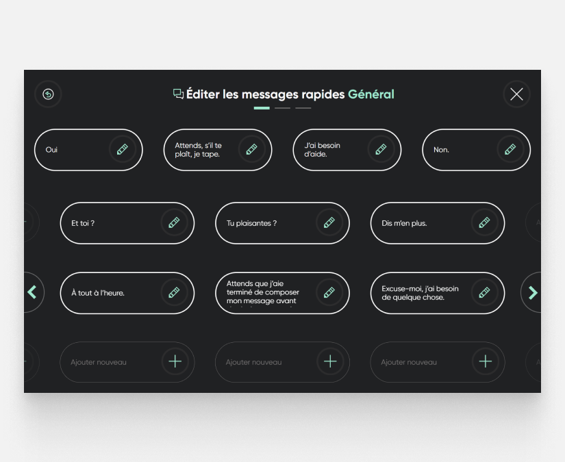 Capture d'écran de Tobii Dynavox TD Talk montrant les messages rapides
