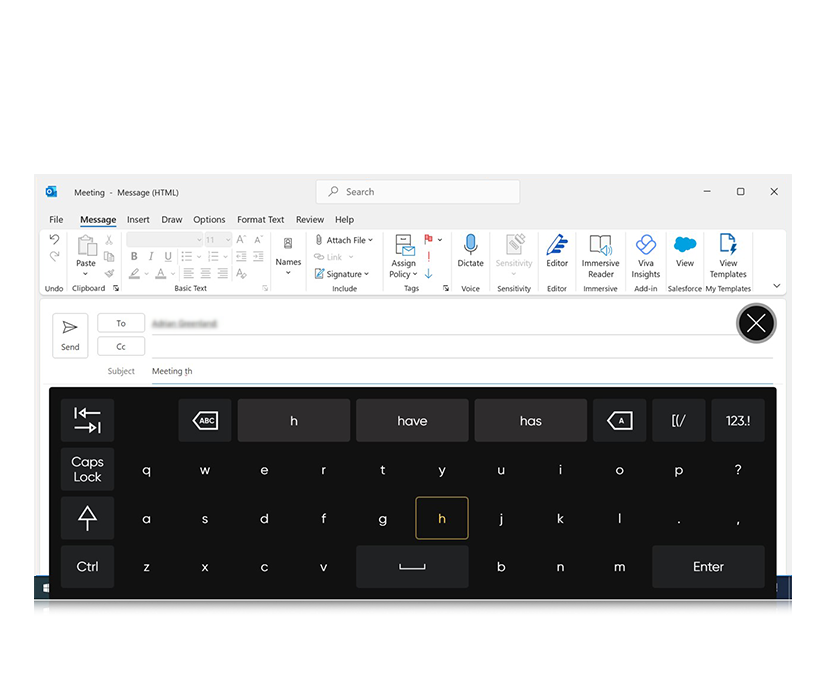 Tobii Dynavox TD Control utilisée pour créer un e-mail dans Outlook.