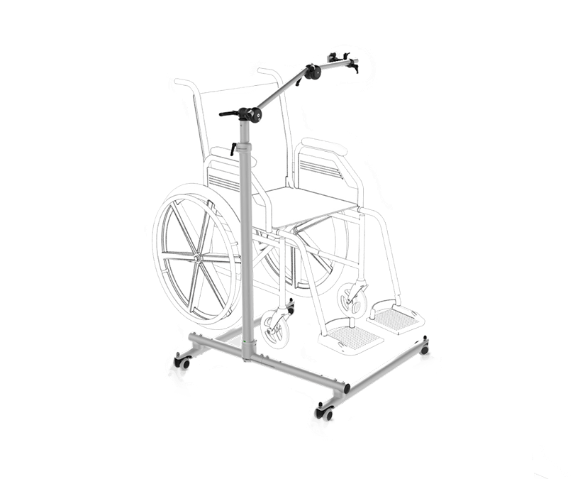 Support roulant Tobii Dynavox Rehadapt FS-Vario avec base installée à côté d'un fauteuil roulant