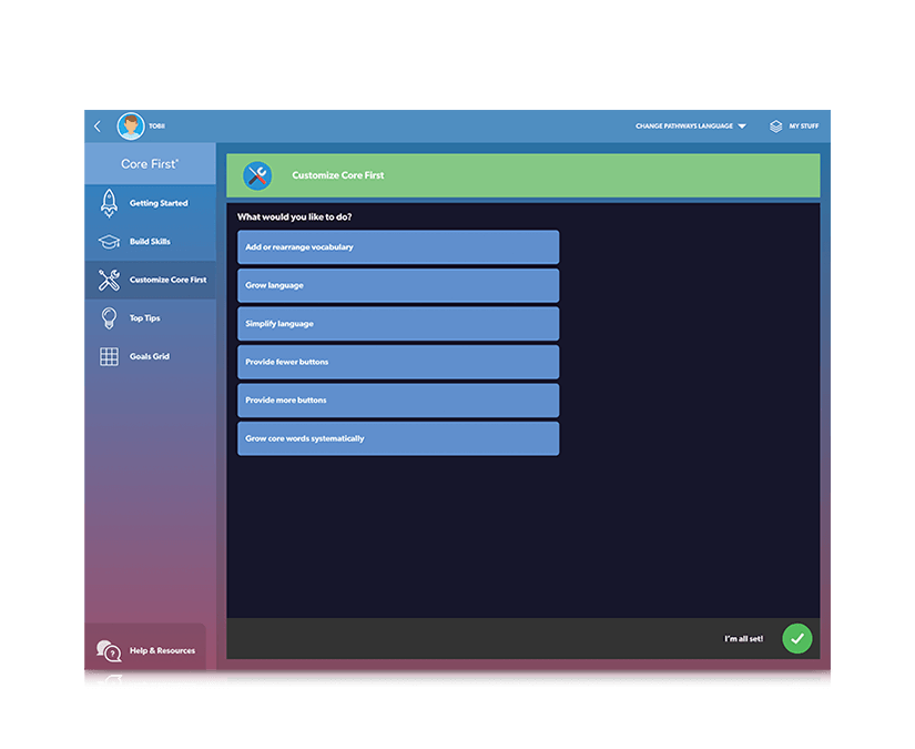 Page de personnalisation pour Core First Tobii Dynavox Pathways for Core First