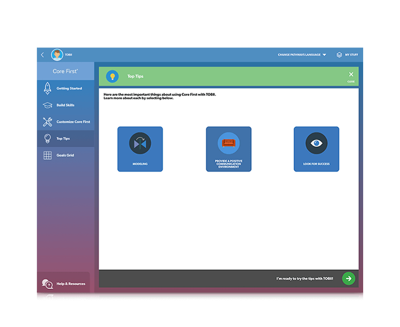 Conseils pour partenaires de communication Tobii Dynavox Pathways for Core First