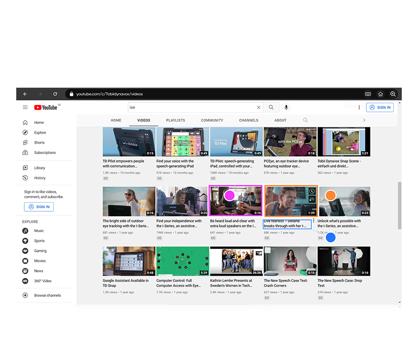 TD Browse de Tobii Dynavox avec la fonction de clic assistée par des points de couleur.