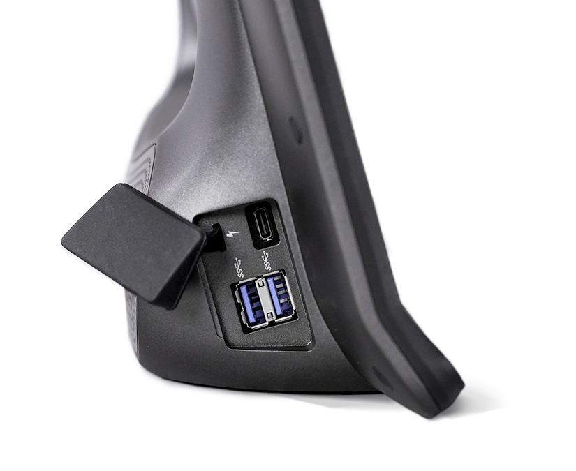 Vue latérale de l’appareil Tobii Dynavox TD I-Series AAC avec double port USB avec couvercle de protection