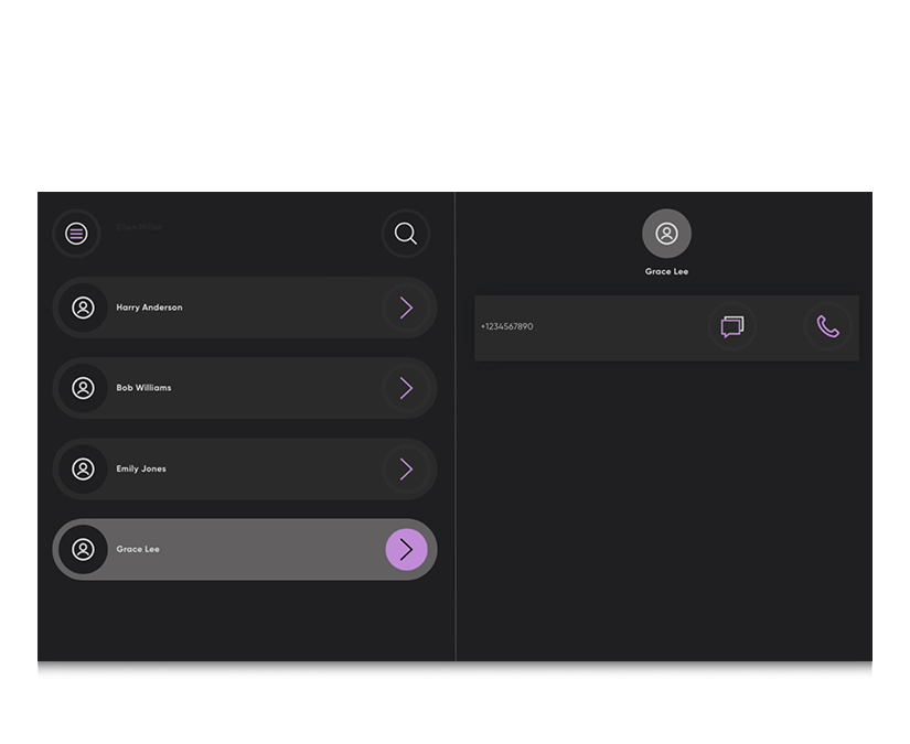 Capture d&#39;écran de TD Phone montrant une liste de contacts déroulable et recherchable.