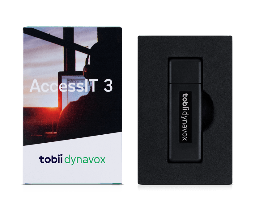 Tobii Dynavox AccessIT dans sa boîte et vue frontale de la boîte