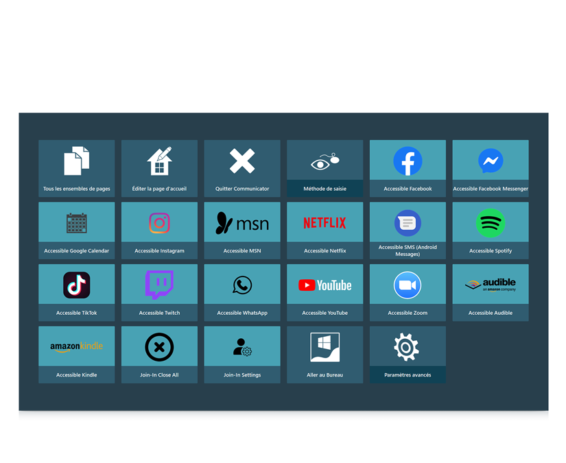Capture d&#39;écran de la page de démarrage Accessible Apps sur Tobii Dynavox Communicator 5