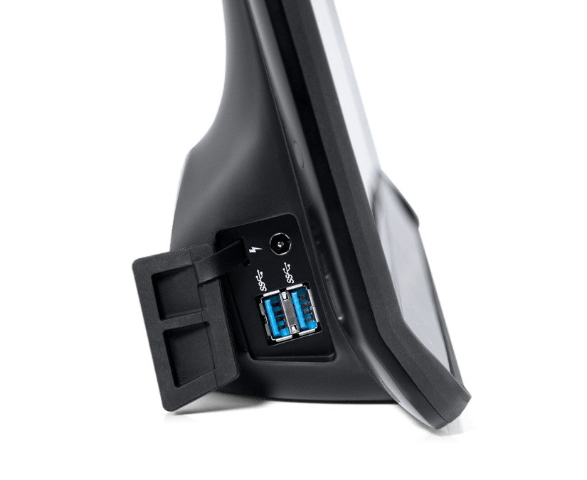 Tobii Dynavox I-16 AAC device side view featuring double USB port with protective cove