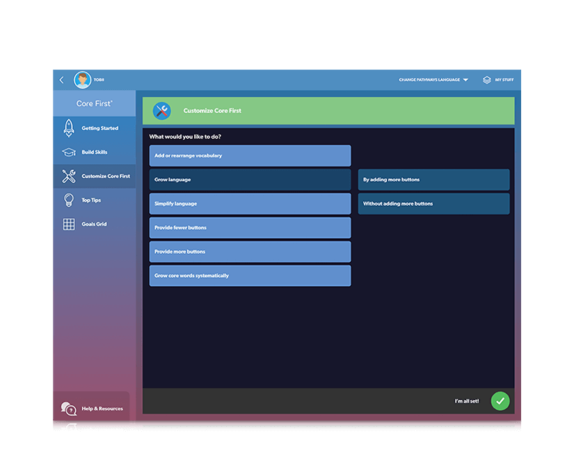 Personnalisation de la langue Tobii Dynavox Pathways for Core First